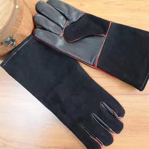 Herqona - 36cm High Quality Leather Fireproof Gloves with Forearm Protection - Black