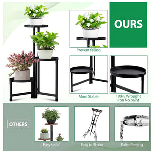 Herqona - 3 Tier Foldable Plant Stand Indoor & Outdoor with Removable Trays - Black