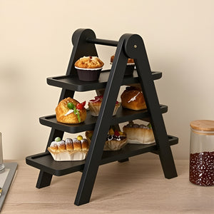 Pruchef - 3 Tier Paulownia Wood Decorative Tray Stand & Serving Platter - Black