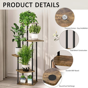 Herqona - 5 Tier Corner Plant Stand with Metal Frame & MDF Shelves - Brown