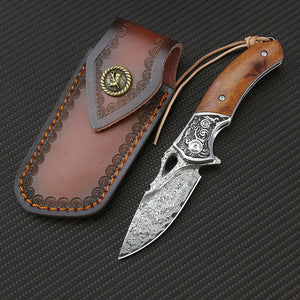 Herqona - 76 Layers Damascus Steel Folding Pocket Knife with Case - Brown