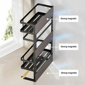 Pruchef - 46cm Iron Magnetic Spice Rack for Refrigerator with Wooden Holder - Black