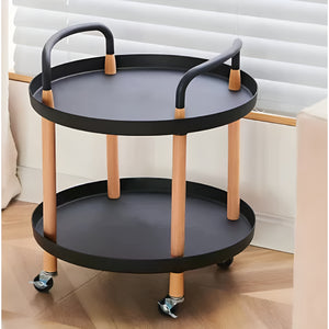 Pruchef - 2 Tier Round Rolling Utility & Serving Cart with Solid Wood Legs - Black