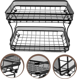 Pract Pack - 2 Tier Carbon Steel Mesh Wire Fruit Basket Multifunctional Storage - Black