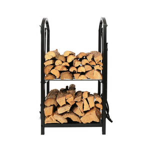 Herqona - Fireplace Log Holder with 4 Tools Set Fireplace Wood Holder - Black