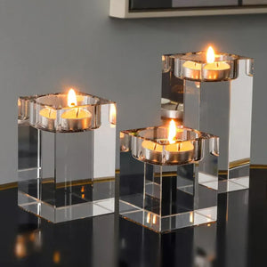 Volamor - 3 Pcs Elegant Glass Crystal Square Candle Holders - Transparent