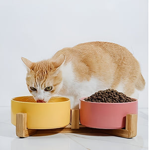 WigWagga - 2 Pcs Ceramic Pet Bowl with Bamboo Stand - Grey