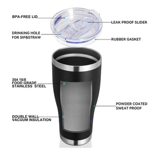 Pruchef - 20oz Tumbler Cup Insulated Vacuum Double Wall Coffee Travel Mug - Black