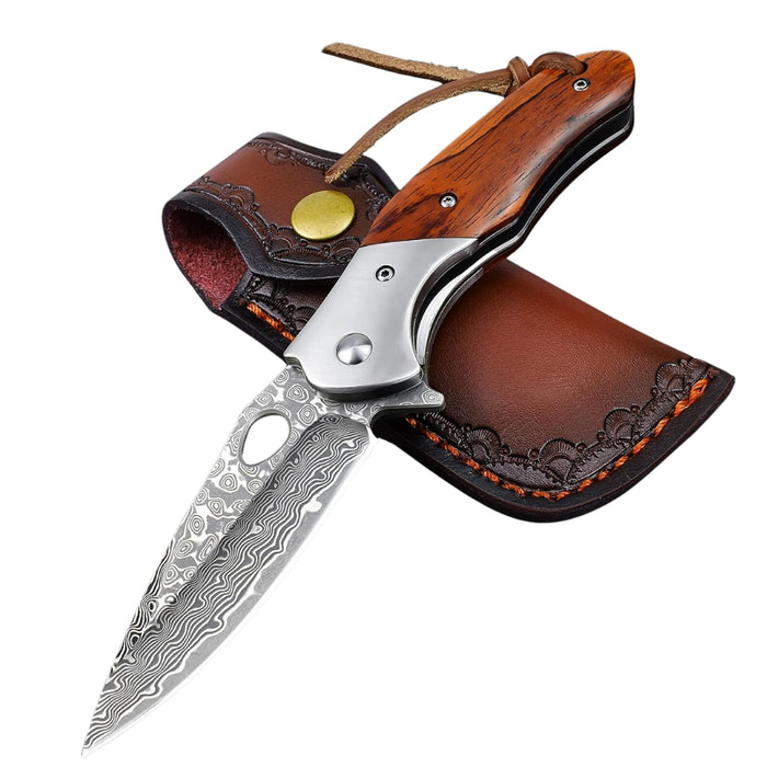 Herqona - 305 Rosewood Handle Damascus Folding Pocket Knife with Leather Case 18.5cm