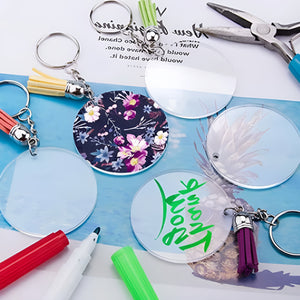 Volamor - 200 Pcs Round Acrylic Key Rings With Tassels Kit For DIY Keychains - Clear