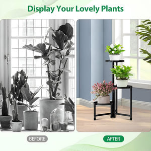 Herqona - 3 Tier Foldable Plant Stand Indoor & Outdoor with Removable Trays - Black