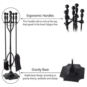 Herqona - 5 Pcs  Fireside Fireplace Tool Set with Base For Home  - Black