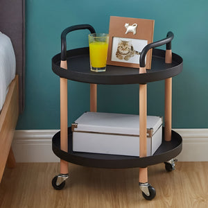 Pruchef - 2 Tier Round Rolling Utility & Serving Cart with Solid Wood Legs - Black