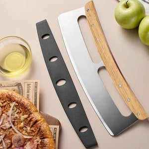 Pruchef - 35 cm Stainless Steel Pizza Cutter with Double Wooden Grip Handle - Silver