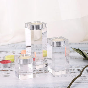 Volamor - 3 Pcs Elegant Glass Crystal Square Candle Holders - Transparent