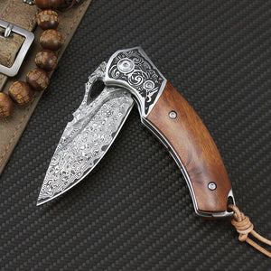 Herqona - 76 Layers Damascus Steel Folding Pocket Knife with Case - Brown