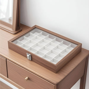 Volamor - 24 Slots Portable Wood Jewelry Rings & Earrings Box with Glass Lid - Brown