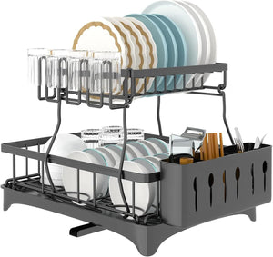 Pruchef - 2 Tier Carbon Steel Cutlery Drying Rack with Removable Holder - Black