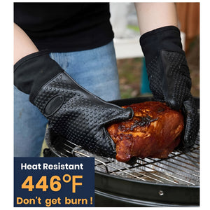 Pruchef - 1 Pair Silicone Heat Resistant BBQ & Braai Gloves with Hanging Loop – Black