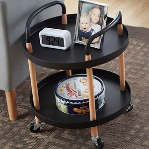 Pruchef - 2 Tier Round Rolling Utility & Serving Cart with Solid Wood Legs - Black