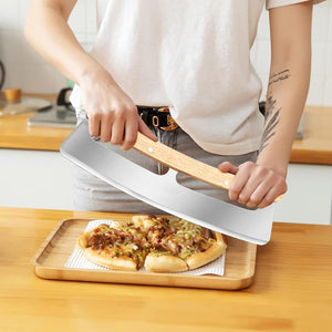 Pruchef - 35 cm Stainless Steel Pizza Cutter with Double Wooden Grip Handle - Silver