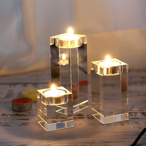 Volamor - 3 Pcs Elegant Glass Crystal Square Candle Holders - Transparent