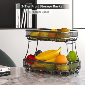 Pract Pack - 2 Tier Carbon Steel Mesh Wire Fruit Basket Multifunctional Storage - Black