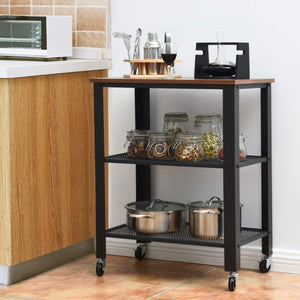 Pruchef - 3 Tier Wood Serving Bar Utility Cart With Lockable Wheels - Brown