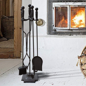 Herqona - 5 Pcs  Fireside Fireplace Tool Set with Base For Home  - Black