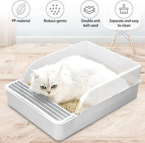 WigWagga - 41cm High Sided Semi Open Cat Litter Tray with Hanging Scoop - White