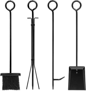 Herqona - Fireplace Log Holder with 4 Tools Set Fireplace Wood Holder - Black