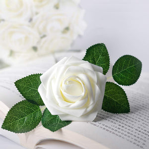 Volamor - 25 Pcs Artificial Foam Roses with Stems for Wedding & Party - Cream