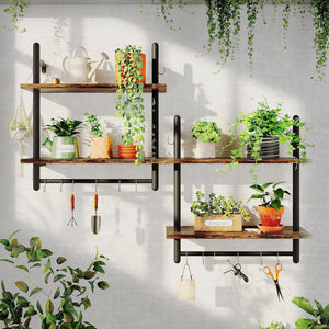 Pract Pack - Kitchen Floating Shelves Wall Mounted Display Rack with Towel Bar Hooks - Brown