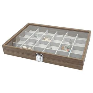 Volamor - 24 Slots Portable Wood Jewelry Rings & Earrings Box with Glass Lid - Brown