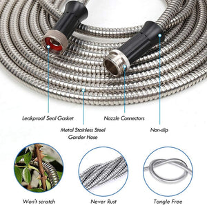 Herqona - 50Ft Stainless Steel Metal Hose Pipe with 2 Nozzles - Black