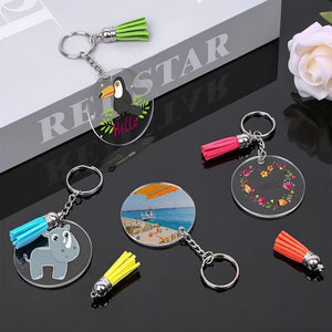 Volamor - 200 Pcs Round Acrylic Key Rings With Tassels Kit For DIY Keychains - Clear