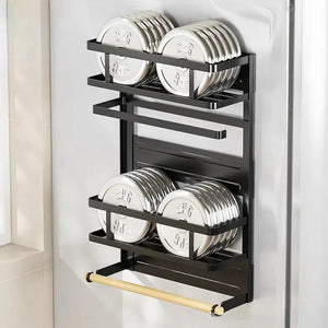 Pruchef - 46cm Iron Magnetic Spice Rack for Refrigerator with Wooden Holder - Black