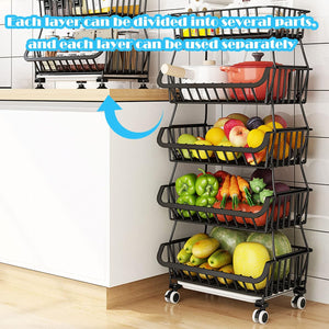 Pruchef - 4 Tier Stackable Iron Storage Basket with Wheels & Anti Slip Feet - Black