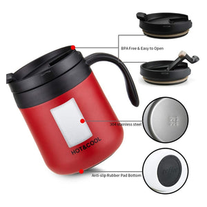 Pruchef -  350ml Insulated Stainless Steel Thermal Travel Mug with Handle & Lid - Red