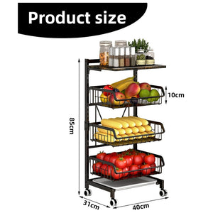 Pruchef - 4 Tier Storage Fruit & Vegetable Basket with 4 Wheels & Wood Board - Black