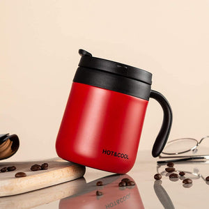 Pruchef -  350ml Insulated Stainless Steel Thermal Travel Mug with Handle & Lid - Red