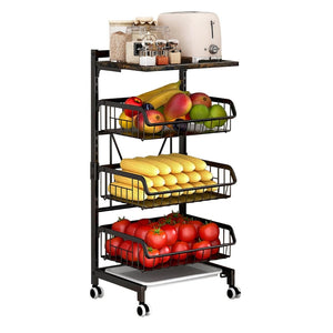 Pruchef - 4 Tier Storage Fruit & Vegetable Basket with 4 Wheels & Wood Board - Black