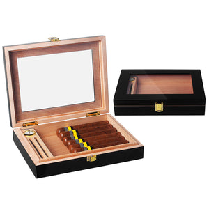 Pract Pack - Cedar Wood Humidor Cigar Box and Cutter Set - Black