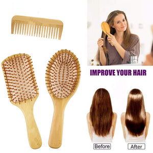 Volamor - 6 Pcs Bamboo Hair Brush and Comb Set for All Hair Types - Natural