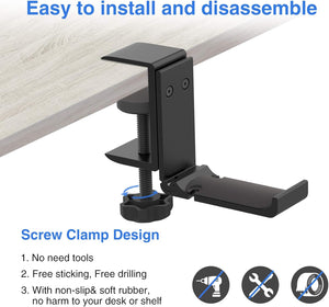 GajToys - 3 cm Multifunctional Aluminum Foldable Under Desk Headphone Holder - Black