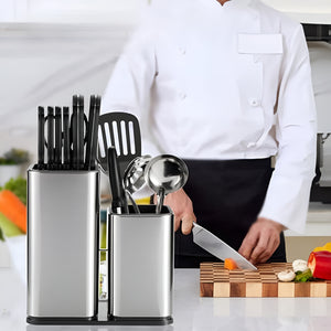 Pruchef - 3 in 1 Kitchen Knife Block & Utensil Storage Holder - Silver