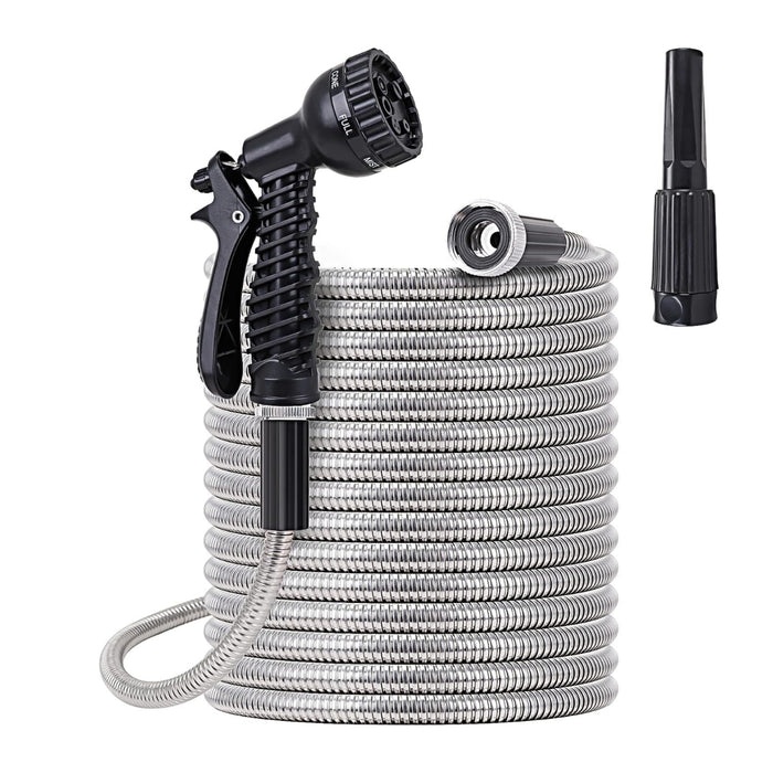 Herqona - 50Ft Stainless Steel Metal Hose Pipe with 2 Nozzles - Black