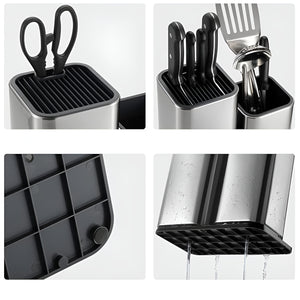 Pruchef - 3 in 1 Kitchen Knife Block & Utensil Storage Holder - Silver