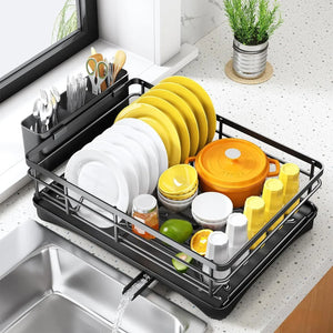 Pruchef - 43cm Carbon Steel Kitchen Dish Drying Rack with Removable Drip Tray - Black