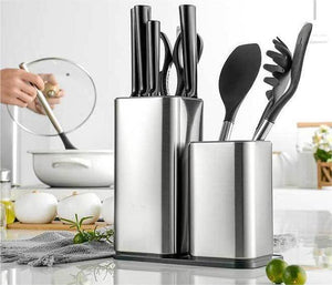 Pruchef - 3 in 1 Kitchen Knife Block & Utensil Storage Holder - Silver